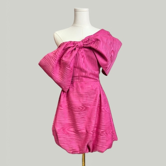 RIVER ISLAND Dress Women Size 16 Petite Pink Satin One Shoulder Bow Mini Short - Picture 2 of 11